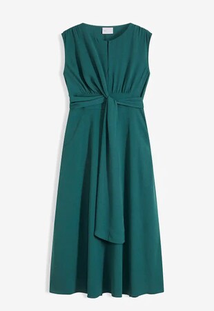 Midi dress with draping in green & pink