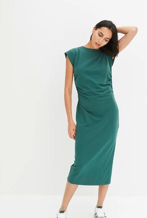 Cotton jersey dress with stretch in green, white, black & orange