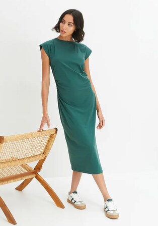 Cotton jersey dress with stretch in green, white, black & orange